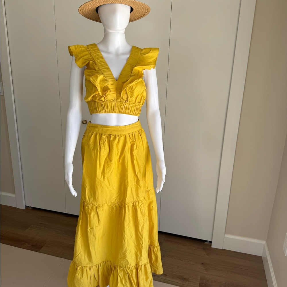 Japna Yellow V-Neck Ruffled Tiered Maxi Skirt Crop Top Set